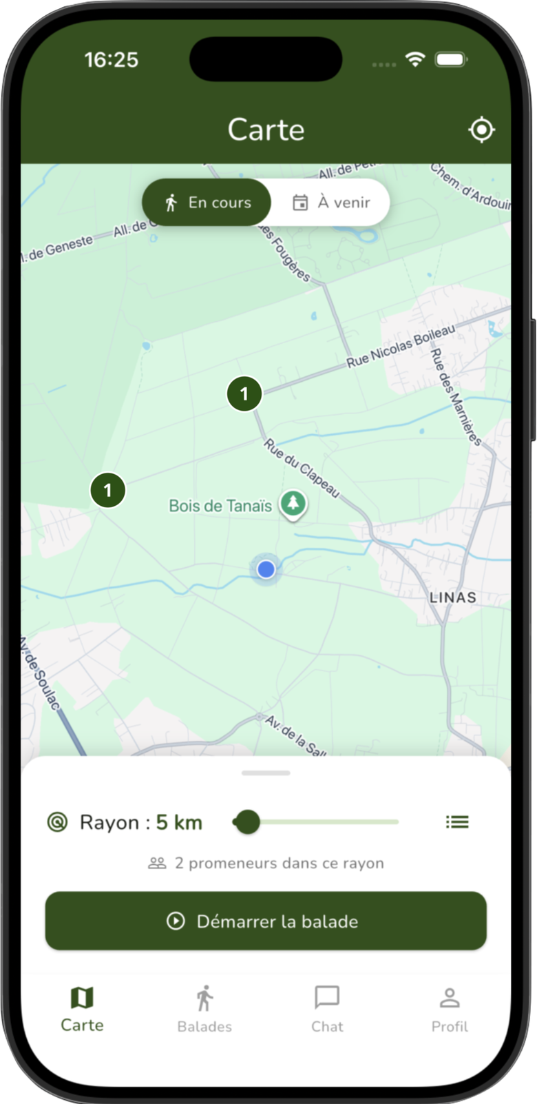 Carte temps réel des promeneurs de chiens au bois de Tanaïs, Blanquefort